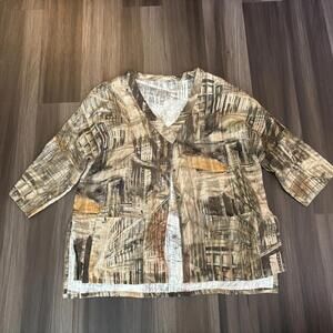 Babette Women's Linen Top Art To Wear Sz XL X-Large Lagenlook Brown Snap Button